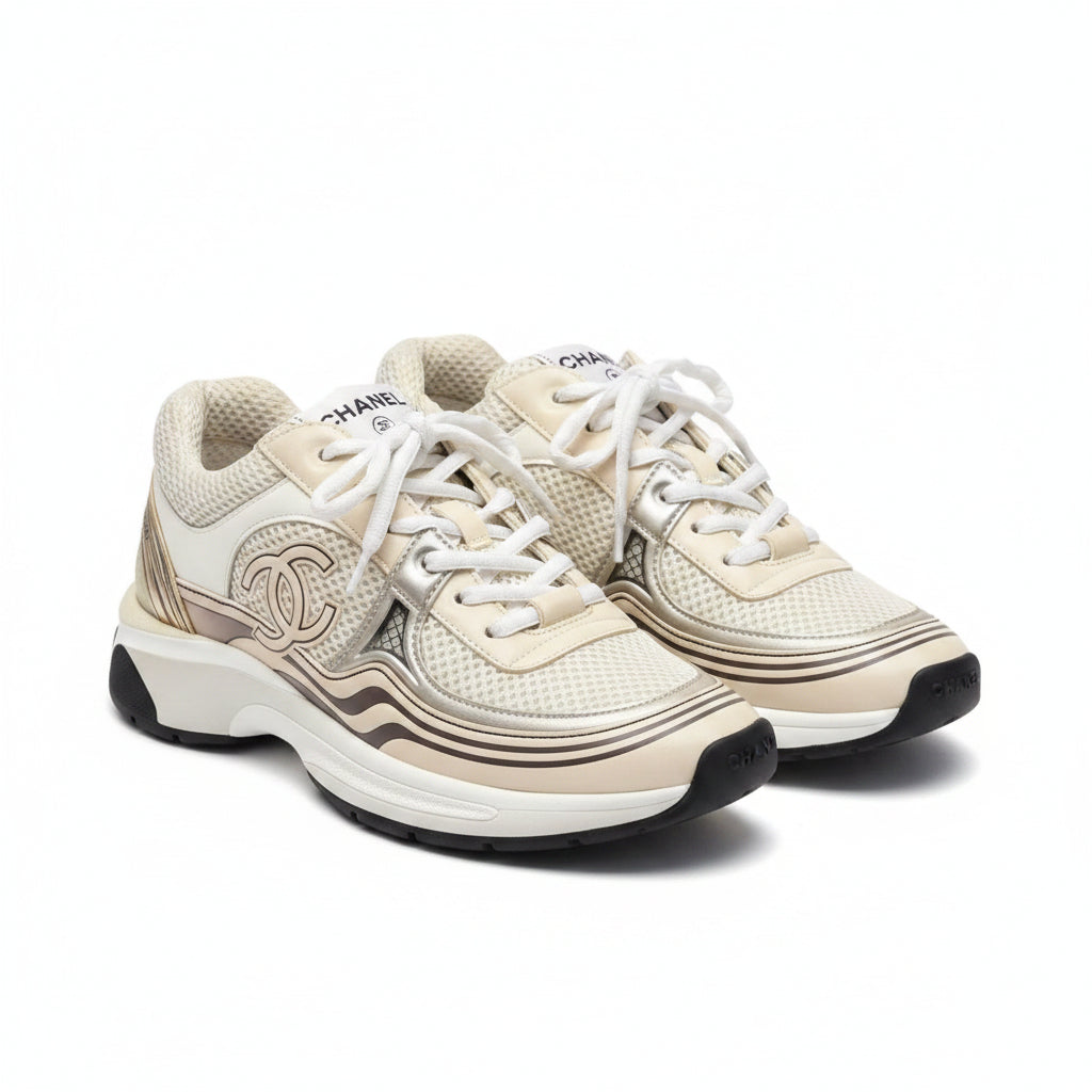 Chanel CC Logo Metallic Mesh Sneaker (Beige/White/Gold)