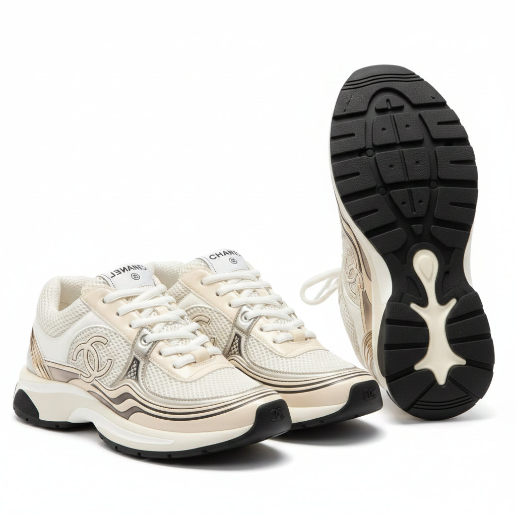 Chanel CC Logo Metallic Mesh Sneaker (Beige/White/Gold)